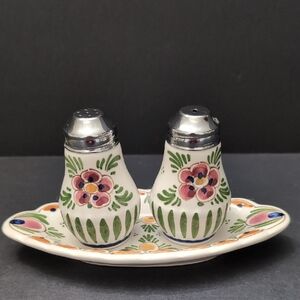 Vintage Delft Polychrome Set of Salt- Pepper Shakers with Tray.